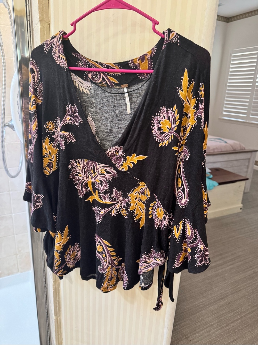 Free People Black Wrap Top with Mustard and Pink Paisley Print